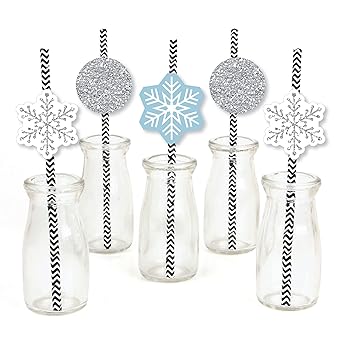 Big Dot of Happiness Winter Wonderland Paper Straw Decor - Snowflake Holiday Party & Winter Wedding Striped Decorative Straws - Set of 24