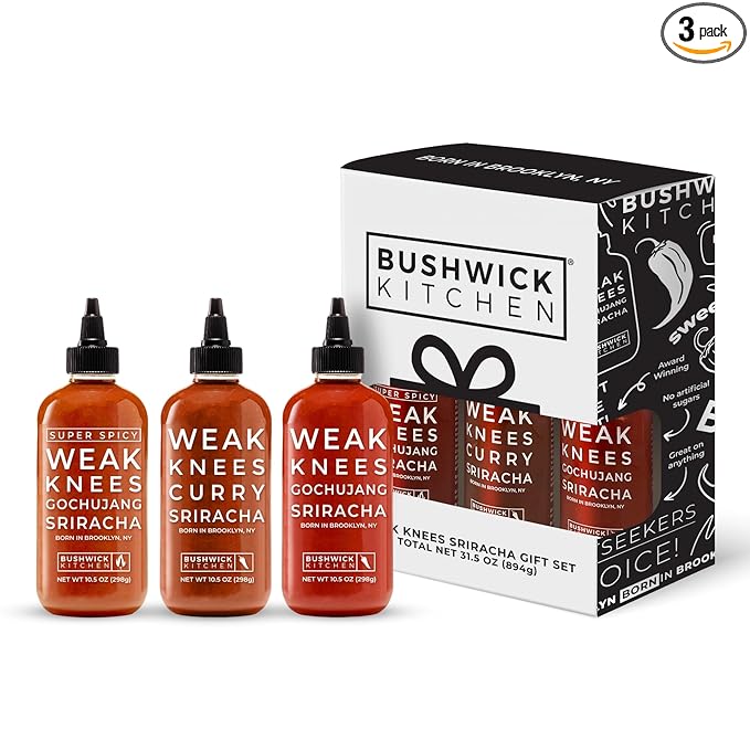 Bushwick Kitchen Sriracha Sampler Gift Box, Set Includes Gochujang Sriracha, Super Spicy Gochujang Sriracha, Curry Sriracha Hot Sauce, 5 Recipes, Kitchen Gift Box