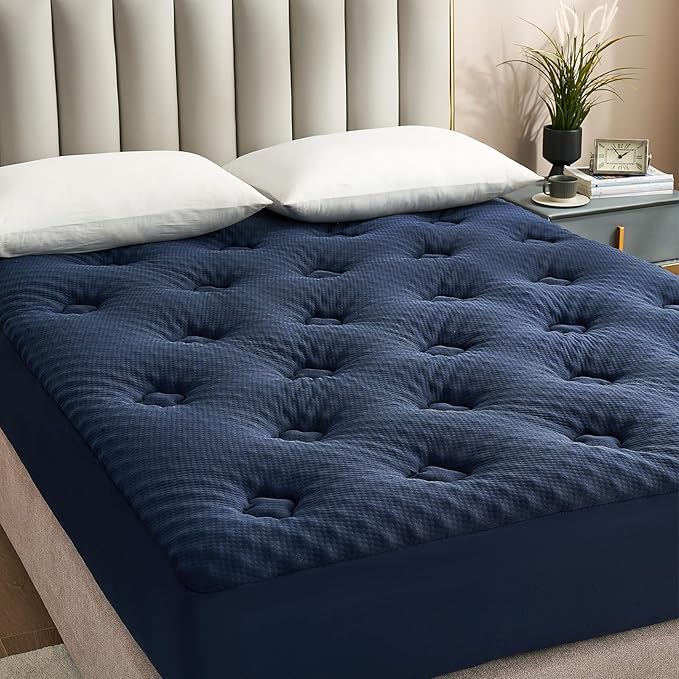 Hansleep Full Size Memory Foam Mattress Pad Topper, Full Foam Mattress Topper Viscose Derived from Bamboo, Full Bed Mattress Pad Cover for Back Pain Relief, 54" x75", Navy Blue, 1.5 Inch