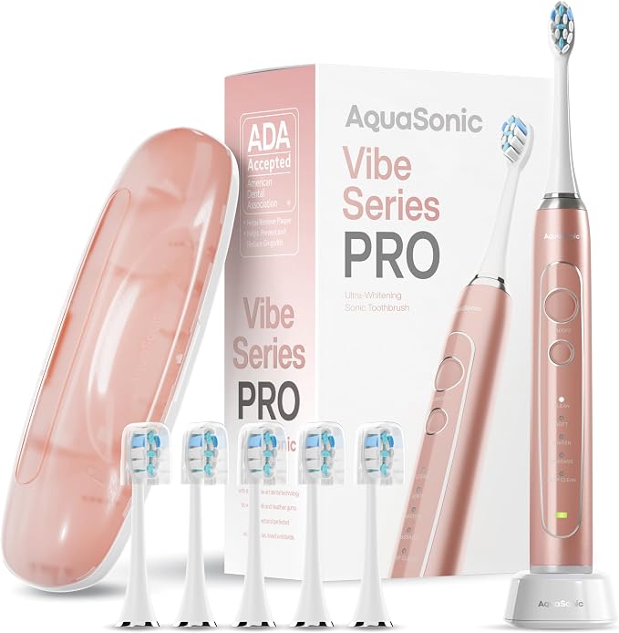 Aquasonic Vibe Series PRO, Ultra-Whitening Electric Toothbrush, 5 Modes & Smart Timers, Travel Case & 6 Proflex Brush Heads, ADA Accepted Toothbrush (Rose Gold)