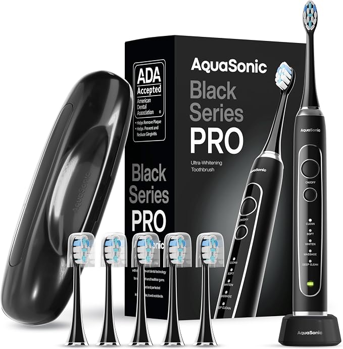 Aquasonic Black Series PRO, Ultra-Whitening Electric Toothbrush, 5 Modes & Smart Timers, Travel Case & 6 Proflex Brush Heads, ADA Accepted Toothbrush