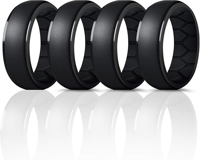 Forthee Silicone Wedding Ring for Men, Breathable Airflow Inner Curve, Mens' Rubber Wedding Engagement Bands for Crossfit Workout, 4-Pack: Black, Size 12 (21.5mm)