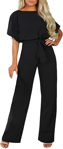 Happy Sailed Women Casual Loose Short Sleeve Belted Wide Leg Pant Romper Jumpsuits, Black, Small