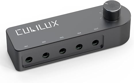 Cubilux Bidirectional 3.5mm Audio Switcher (1-in to 4-Out / 4-in to 1-Out), Stereo 1/8” Aux Selector Box for Speaker Headphones/Earphones, Audio Switch for Laptop