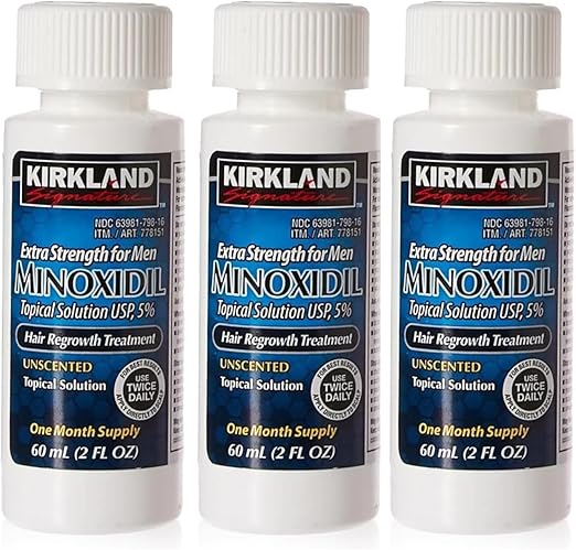 Kirkland Men Hair Loss Regrowth Revitalizes Hair Follicles 5% Minoxidil Topical Solution 3 Months Supply Size 3 X 2 Fl. Oz. / 60 Ml
