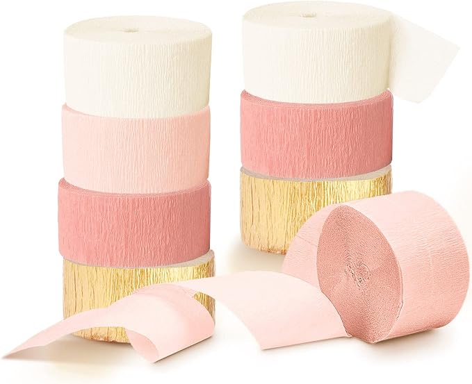 AOBKIAT Wedding Streamers Party Decorations,8 Rolls Pink Gold Crepe Paper, DIY Tassel, 82ft/Roll