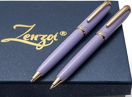 ZenZoi Elegant Pen and Pencil Metal, Retractable Luxury Ballpoint Pen & Mechanical Pencil 0.7 MM. Fancy, Lavender