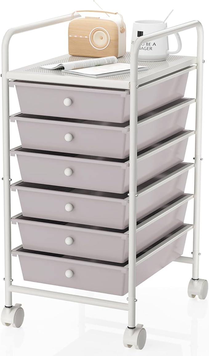 Shrivee 6-Tier Utility Cart with 6 Drawers, Rolling Utility Cart with 2 Lockable Caster Wheels, Gray
