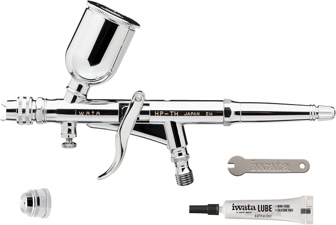 Iwata Hi-Line HP-TH Trigger Airbrush Gun Gravity Feed Dual Action H5 Nozzle-Needle, ½ oz Fluid Cup, Round and Fan Air Caps, Special Effects, Hobby, Terrain, Auto-Graphics