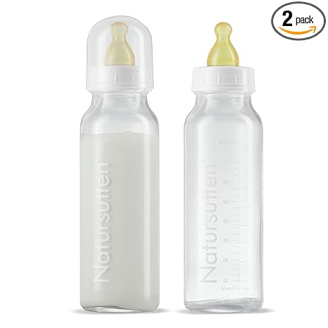 Natursutten Anti-Colic Glass Baby Bottle 2-Pack - 8 Ounce Bottles for Breastfeeding Babies - Newborn Bottles Set: Natural Rubber Slow-Flow Bottle Nipples, Seals, Valves, Baby Bottle Caps