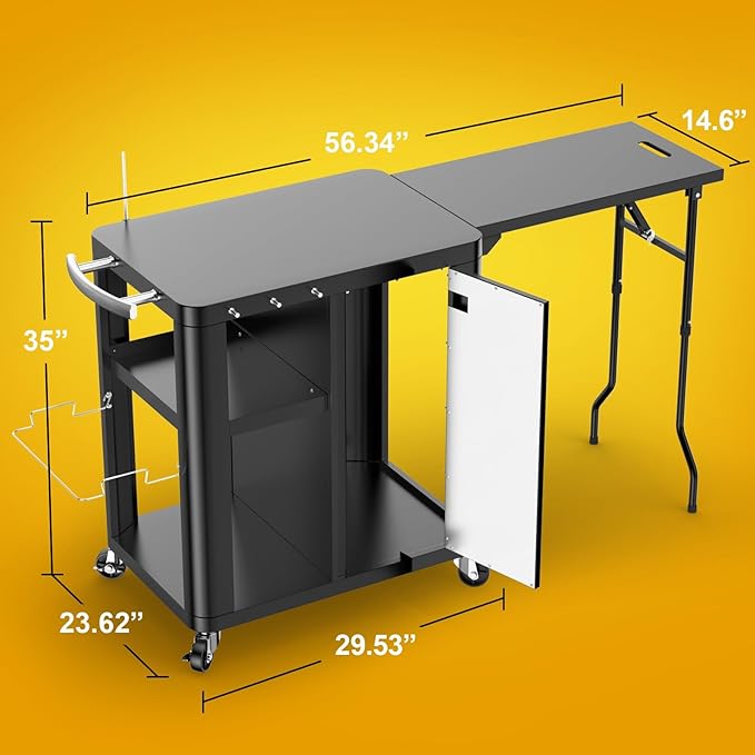 BBQMall Versatile Outdoor Kitchen Cart/Grill Table (57x24x35 inches), 4 Wheels, Black
